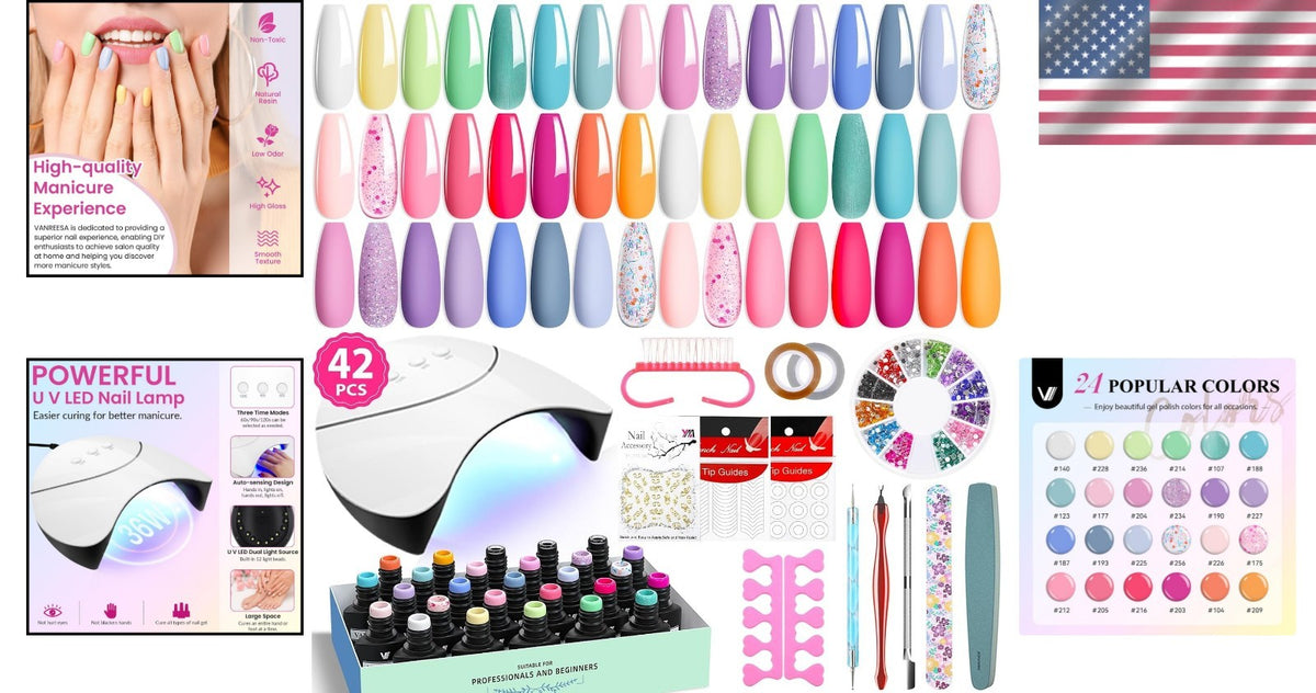 24 Color Gel Nail Polish Kit with UV Light - Long-Lasting Manicure Set