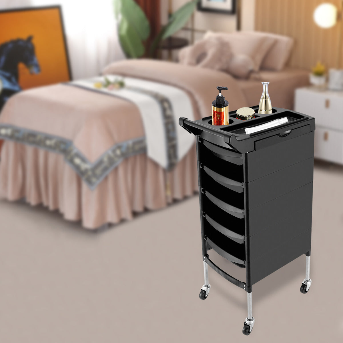 Salon Trolley Cart with 5 Drawers & Storage Trays for Hair Styling Equipment