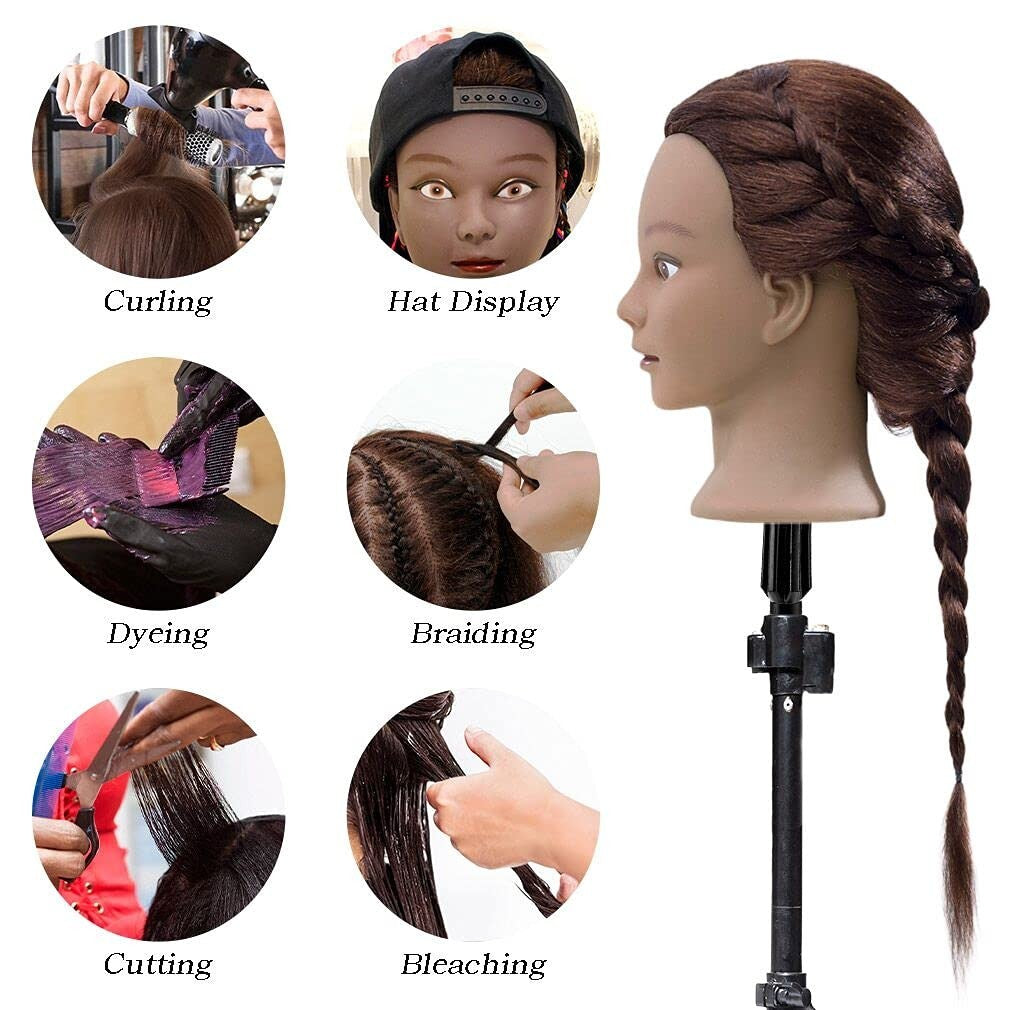 Practice Head with Dark Brown Real Hair for Cosmetology Training - 20-22 Inches