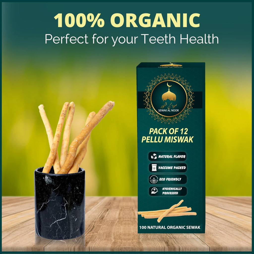 Natural Miswak Tooth Sticks with Holder - Organic Oral Care Set, Pack of 12