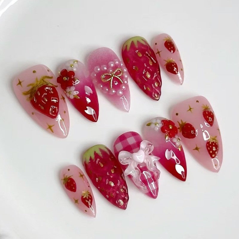 48Pcs Kawaii Press-On Nails with 3D Strawberries & Gradient Tips - Fake Nails