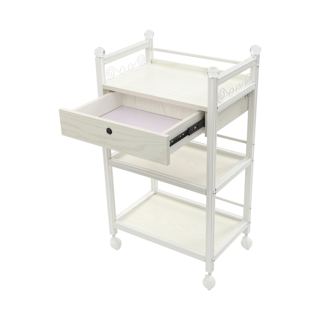 3-Tier Salon Storage Cart with Drawer and Wheels - White Modern Organizer