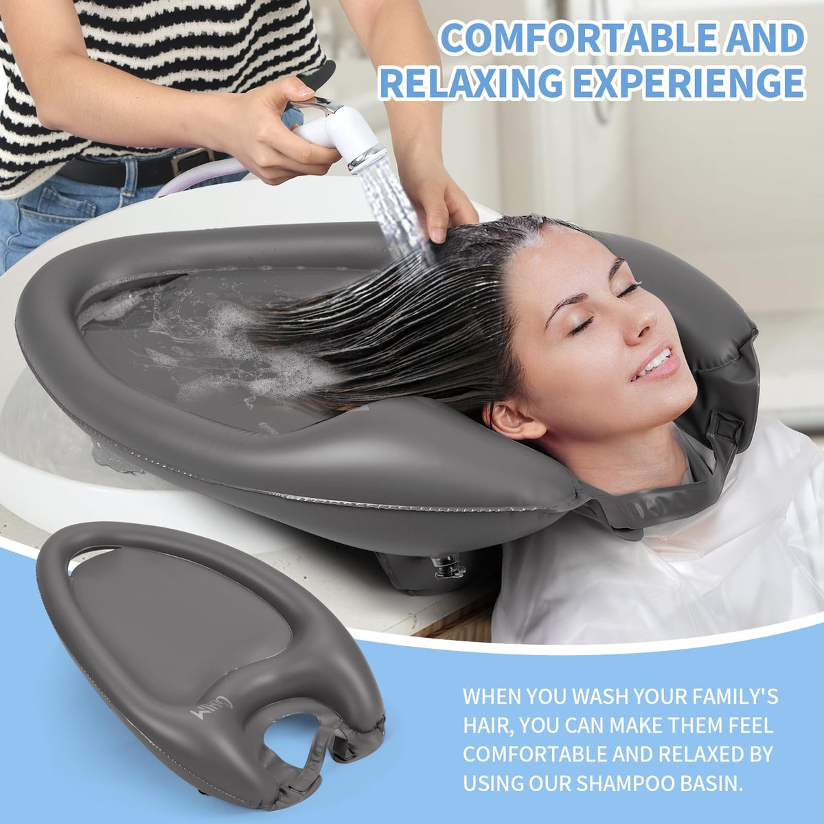 Inflatable Portable Shampoo Basin for Bedridden Hair Washing - Grey, Large