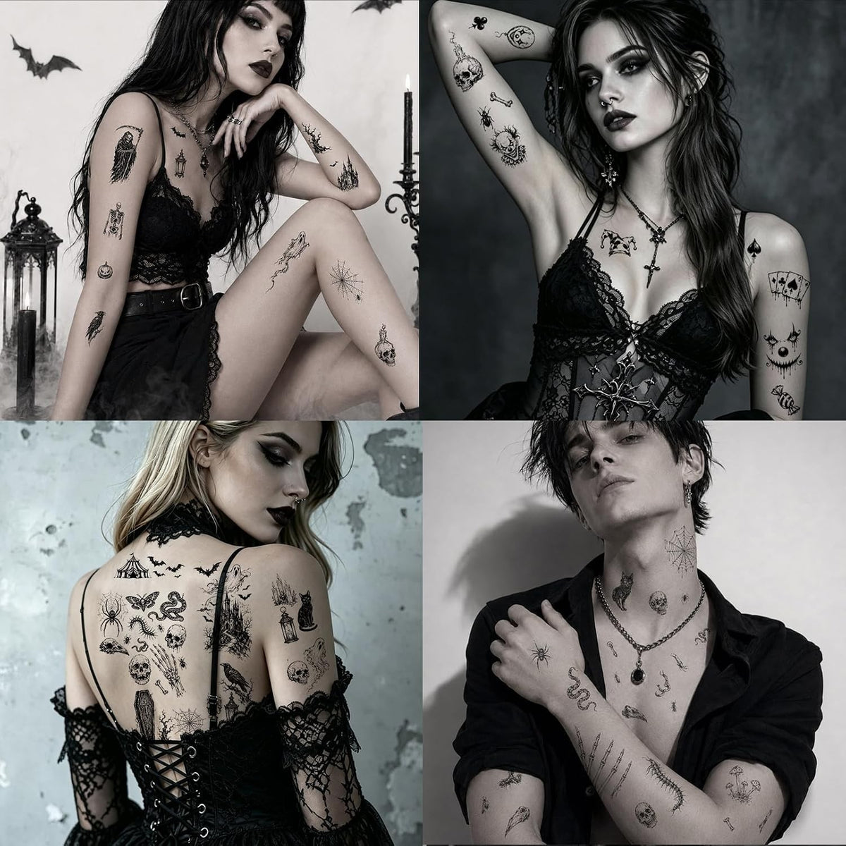 Dark Gothic Temporary Tattoos Set – Crow Skull Spider Bat Snake Full 4 Sheets