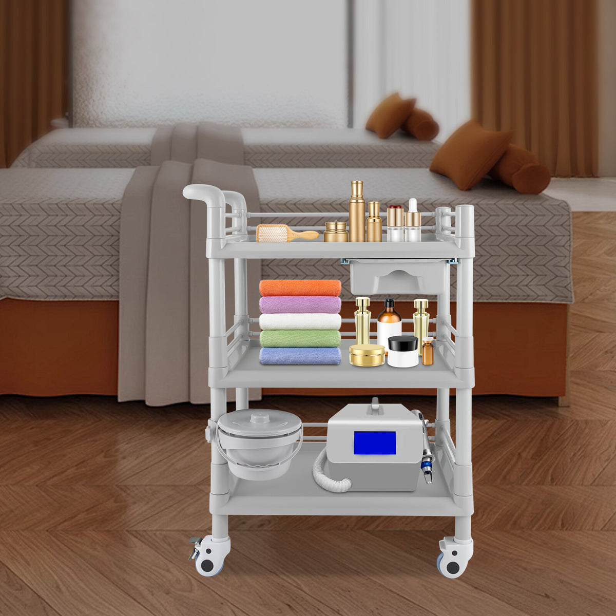 Grey 3-Tier Salon Cart with Wheels - ABS Rolling Tool Organizer