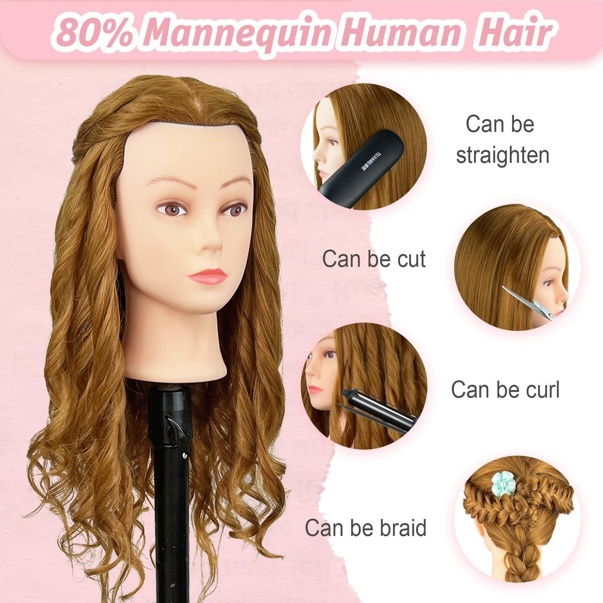 Mannequin Head 26-28 Inches with 80% Human Hair for Hair Styling Practice