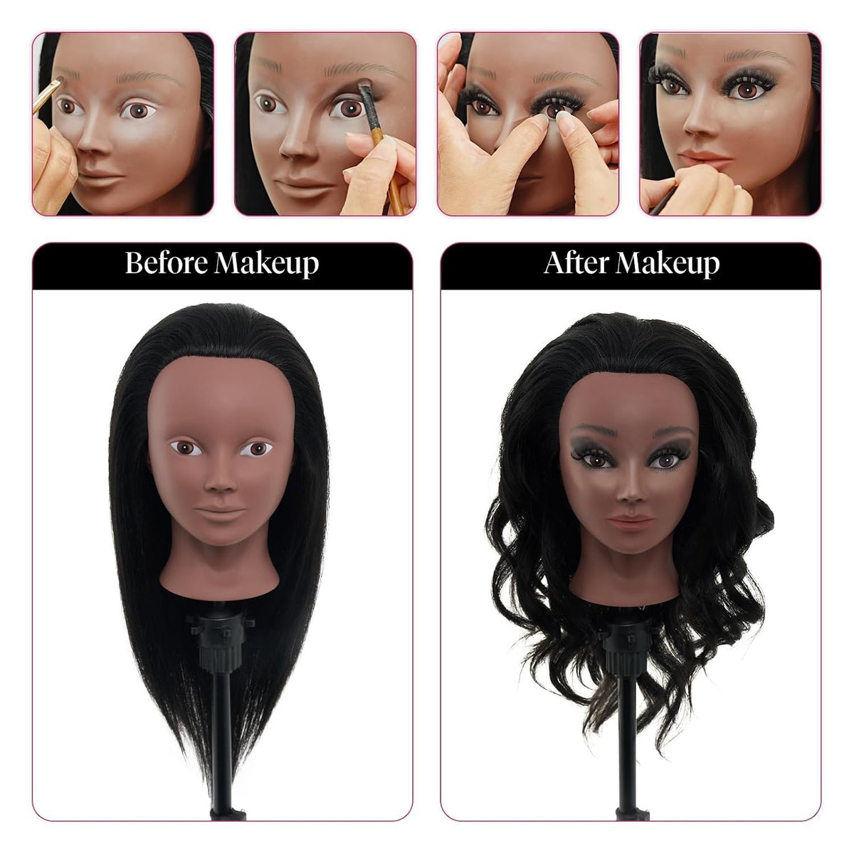 18-Inch Real Hair Mannequin Head with Stand for Makeup & Hairstyling Practice