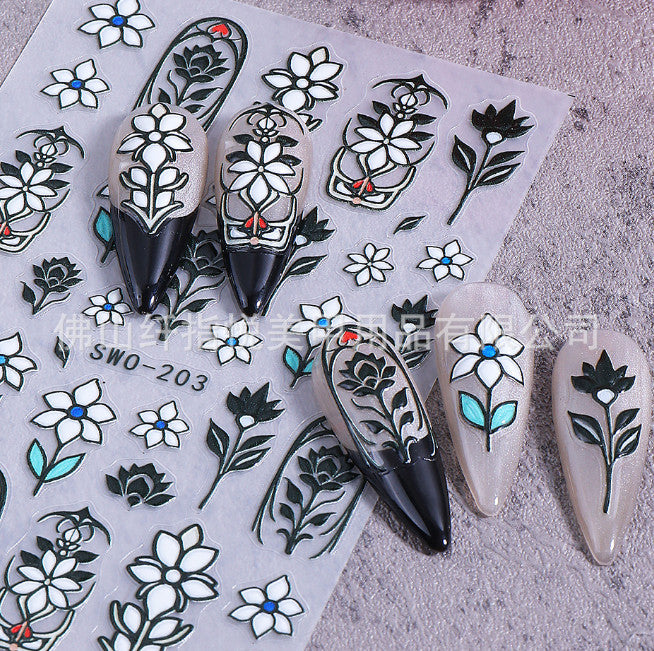 3D Floral Line Art & Stained Glass Style Flower Nail Art Stickers - Glitter Shine