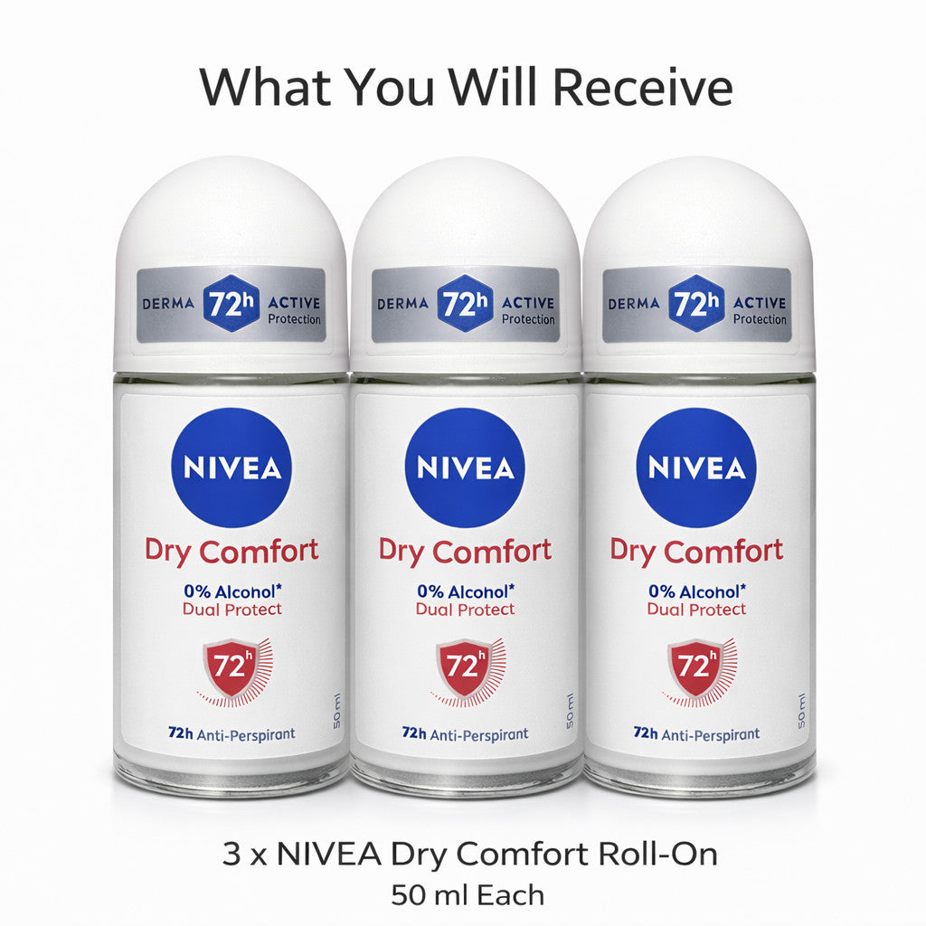 NIVEA Dry Comfort Roll-On Deodorant Pack - 72H Anti-Perspirant, Alcohol-Free, 3 x 50ml