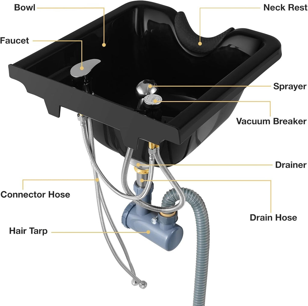 Wall Mounted Shampoo Bowl with Faucet Spray P-Trap Salon Sink Black ABS