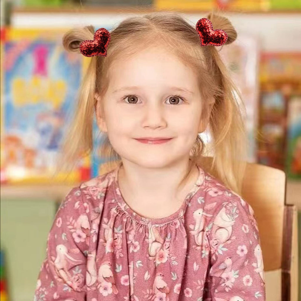 Girls Valentine's Day Glitter Heart Hair Clips Set - Red Sequin Accessories