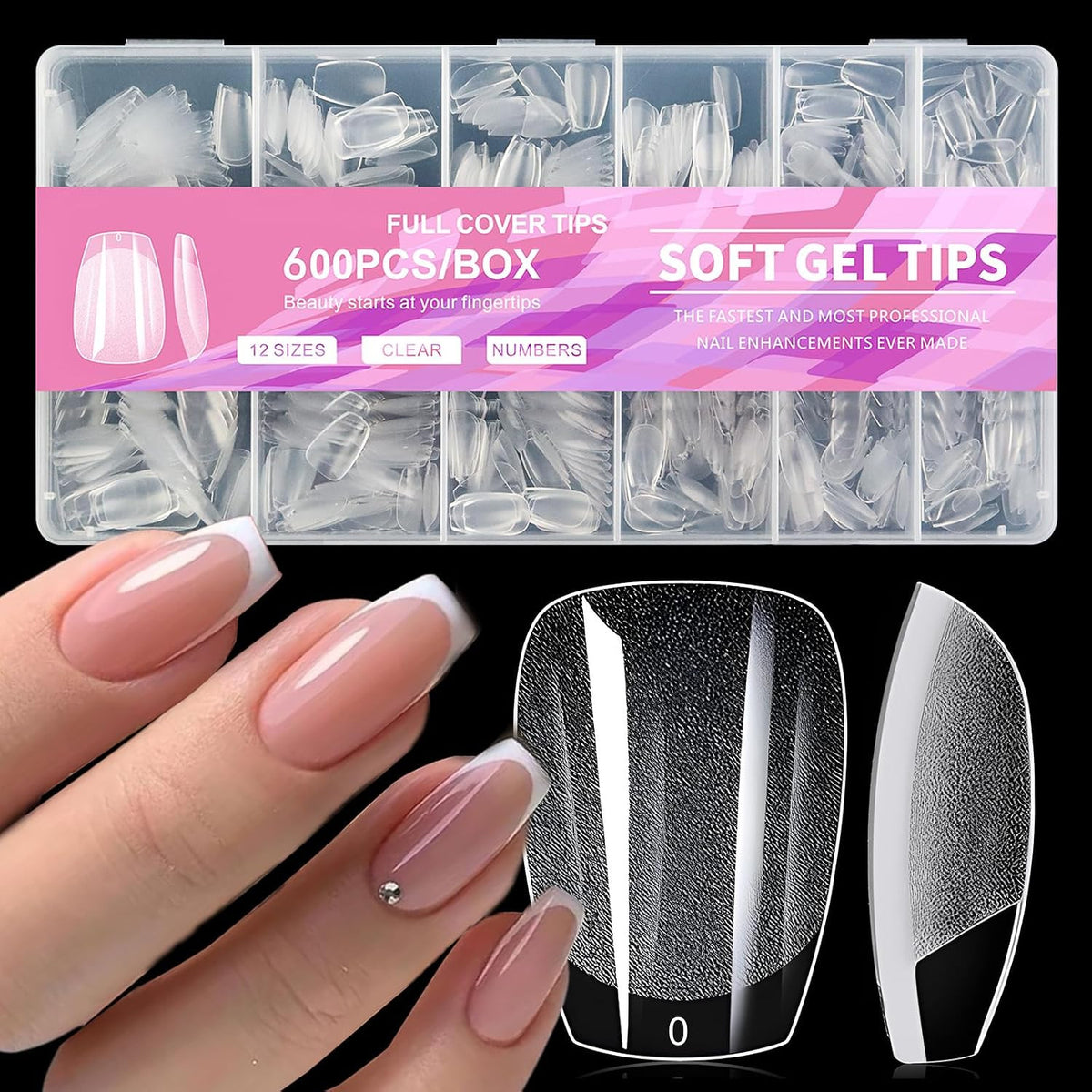 600Pcs Short Coffin Gel Nail Tips, Clear Fake Nails for Manicure & Extensions