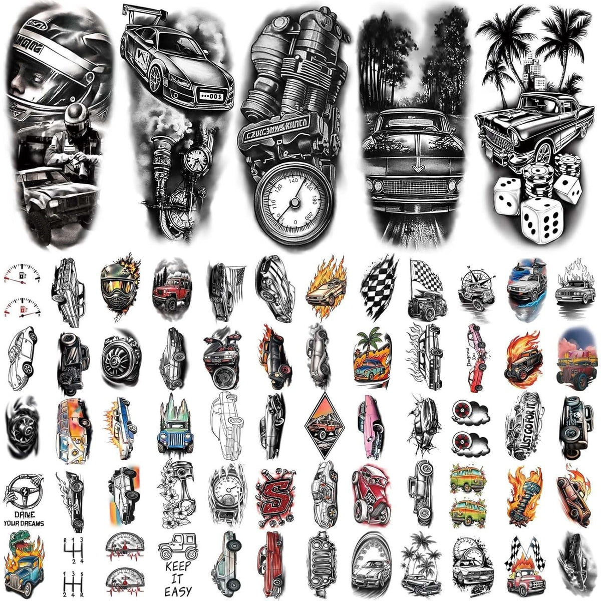 Temporary Tattoos, 77 Sheets Cars Theme Set for Adults & Kids - Water Resistant