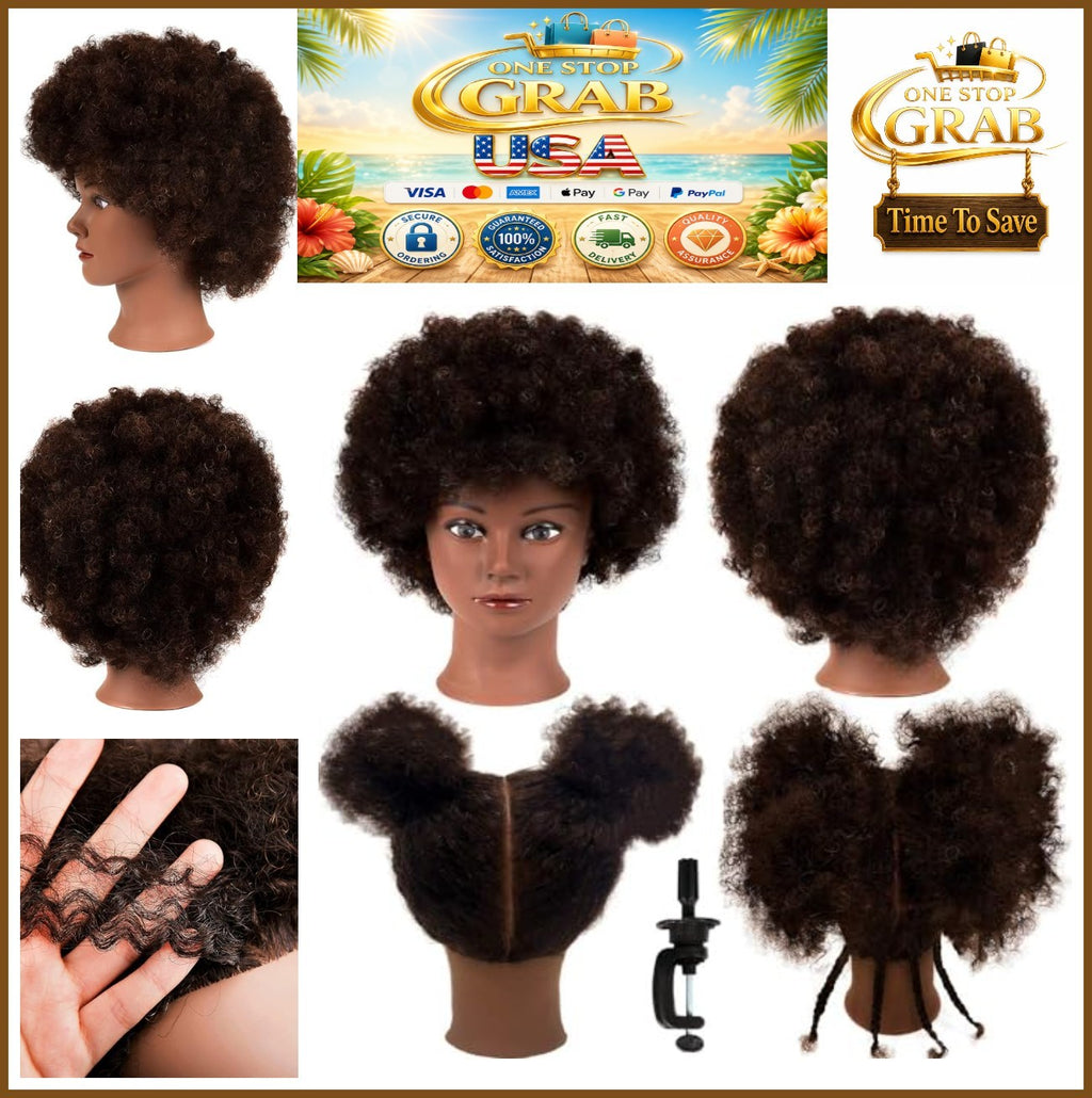 9-Inch Mannequin Head with 100% Human Curly Hair and Stand for Practice