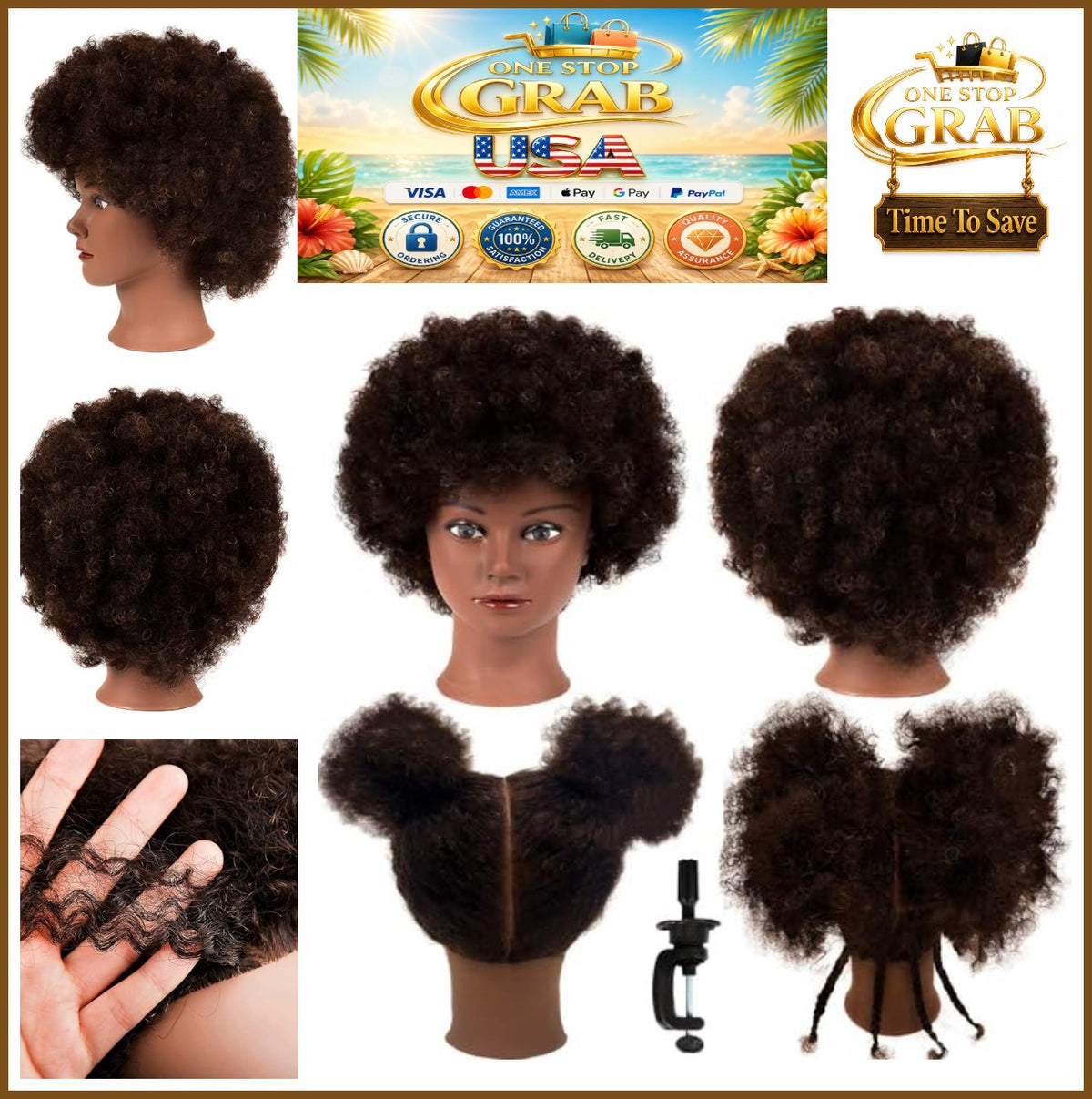 9-Inch Mannequin Head with 100% Human Curly Hair and Stand for Practice