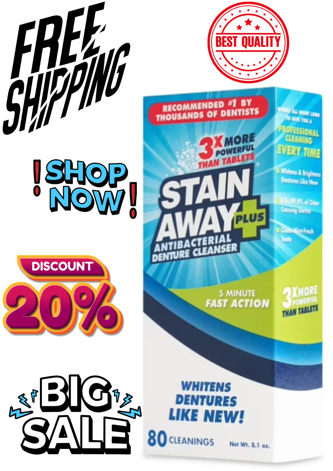 Denture Cleanser Powder - Whitens, Brightens & Odor Removal, 8.1 oz, 80 Uses