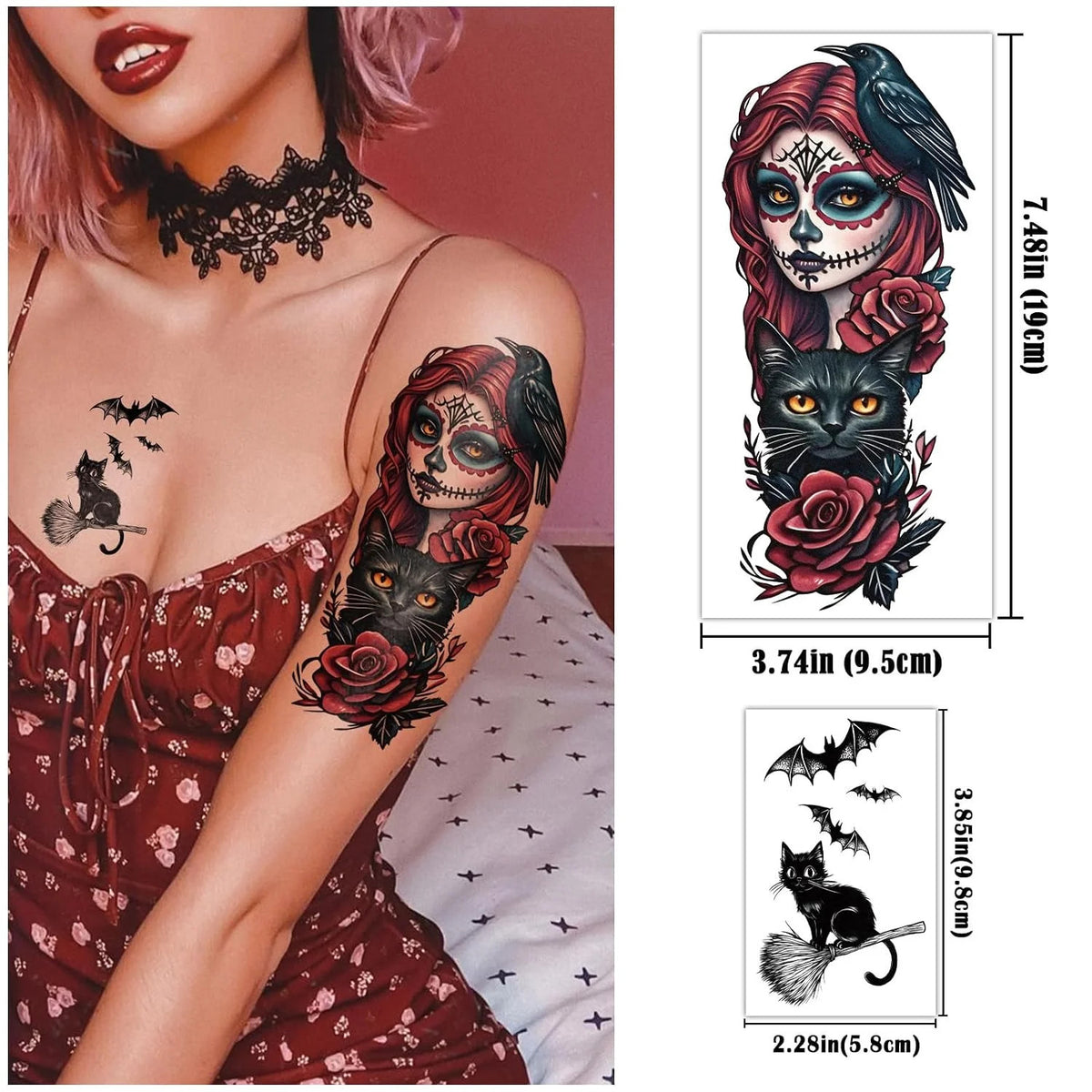 Witch Temporary Tattoos 77 Sheet Set - Skeleton Skull Bats Cauldrons Black Cats For Adults