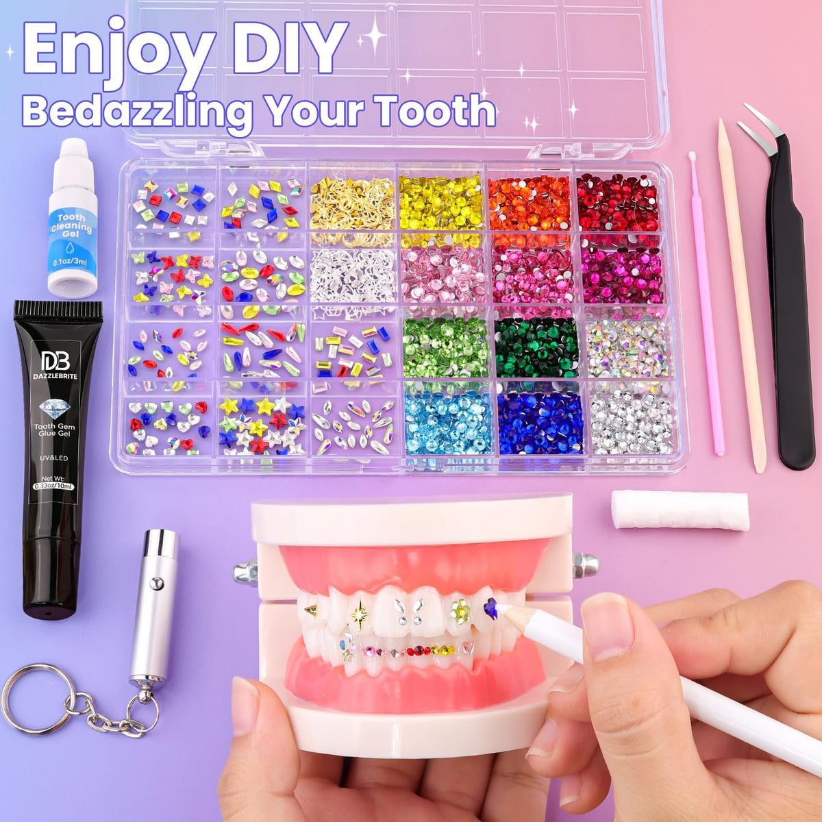 Crystal Tooth Gems Kit for Teeth - Colorful Dental Jewelry with Glue & UV Light