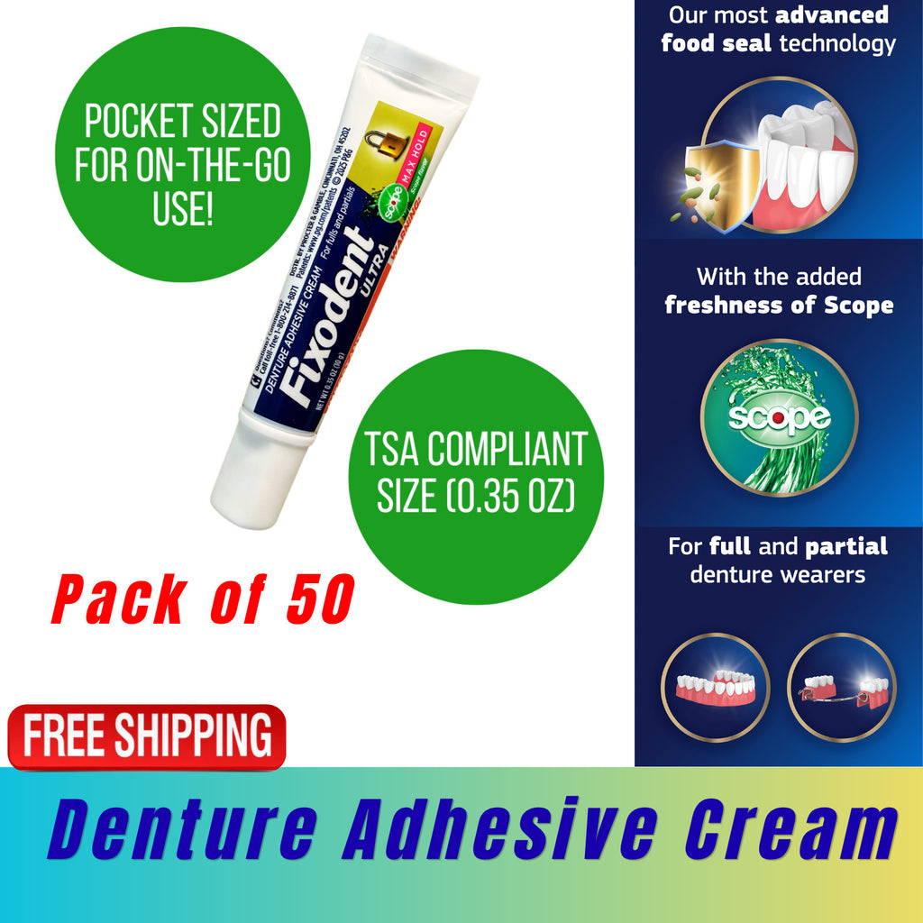 Denture Adhesive Cream Tubes 0.35oz - Pack of 50 Travel Size Samples