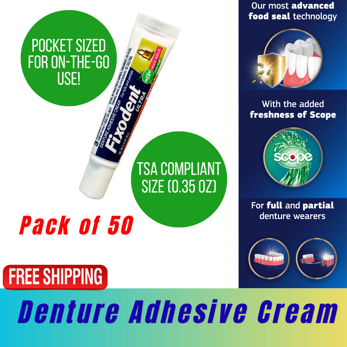 Denture Adhesive Cream Tubes 0.35oz - Pack of 50 Travel Size Samples