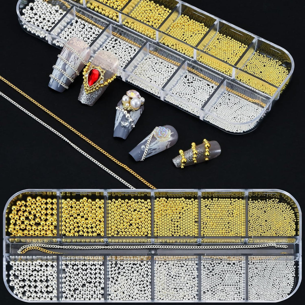 Silver and Gold Nail Art Beads Caviar Chain Set for Manicure Decor