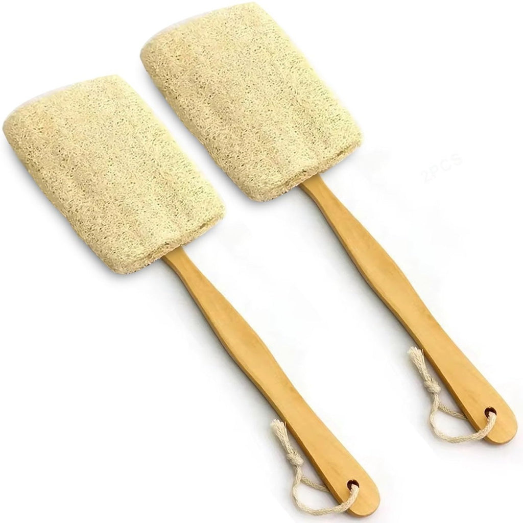 Natural Exfoliating Loofah Bath Brush Set with Wooden Handle - 2 Pack