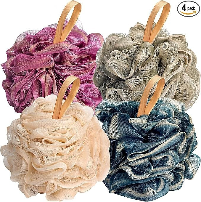 Exfoliating Shower Poufs 4-Pack Mesh Body Scrubbers for Gentle Skin Cleaning