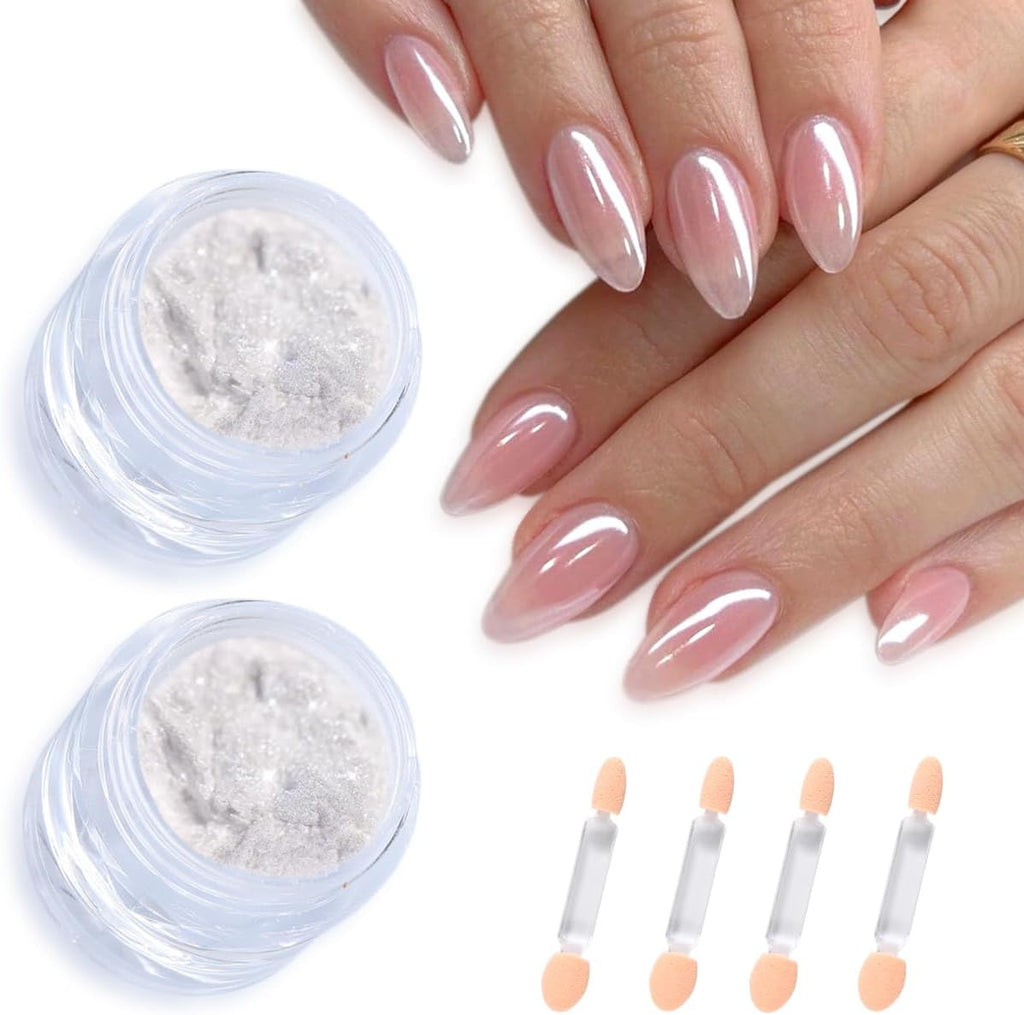 White Chrome Nail Powder Set - 2 Pcs Pearl Chrome for Glazed Donut & Mermaid Nails