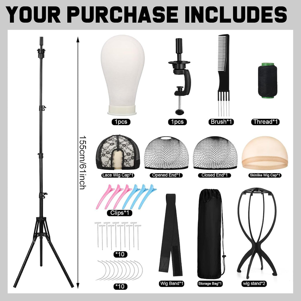 22 Inch Canvas Mannequin Head with Adjustable Wig Stand Tripod for Styling