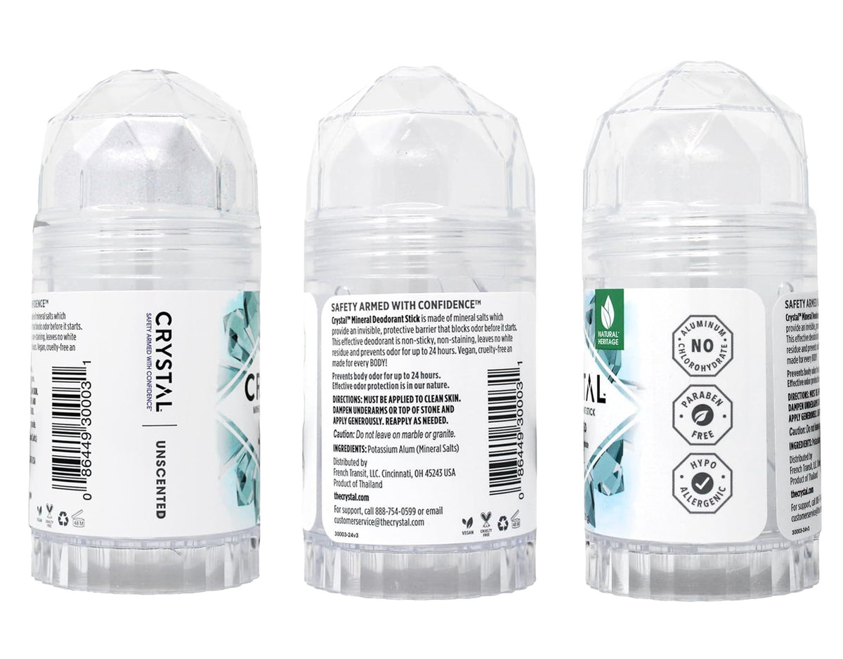 3 Pack Unscented Crystal Deodorant Stick - Paraben Free, 4.25 oz