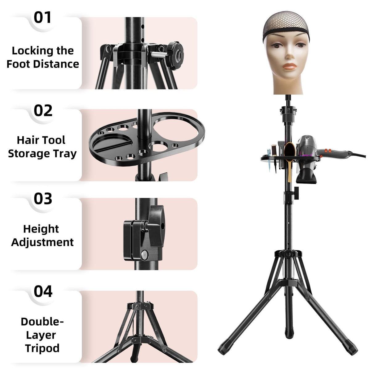 Adjustable Wig Head Stand Tripod with Tool Tray - Mannequin & Salon Use