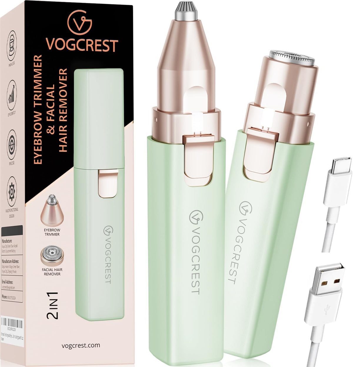VOGCREST 2-in-1 Facial Hair & Eyebrow Trimmer for Women - Portable Electric Razor
