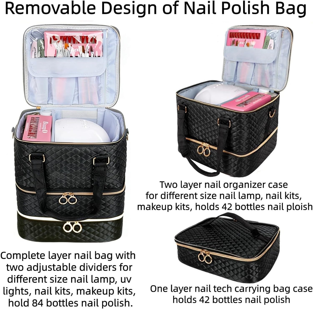 Nail Polish Organizer Bag 3-Layer Travel Nail Kit Storage Case Holds 84 Bottles