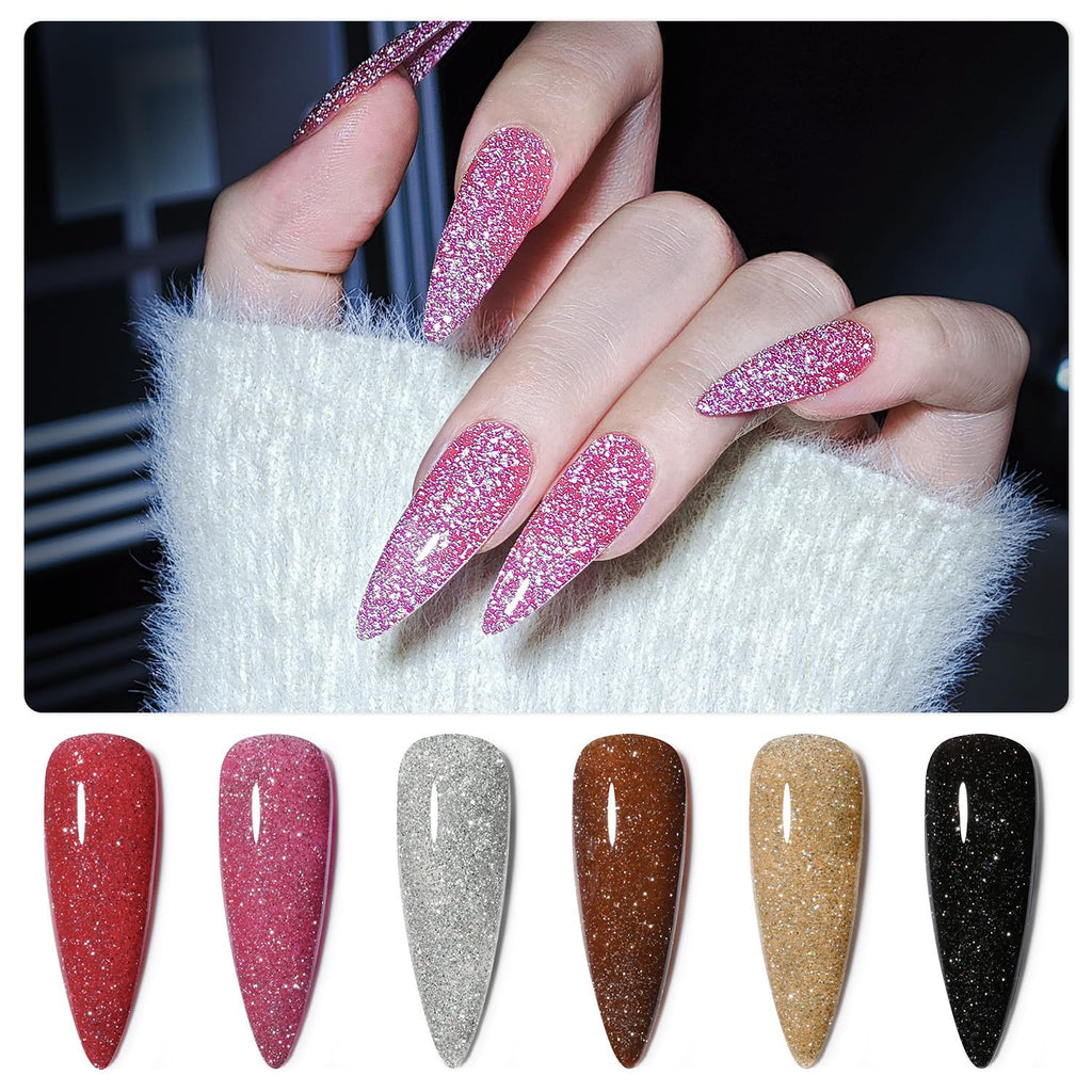 Reflective Glitter Gel Nail Polish Set - 6 Vibrant Colors for Nails