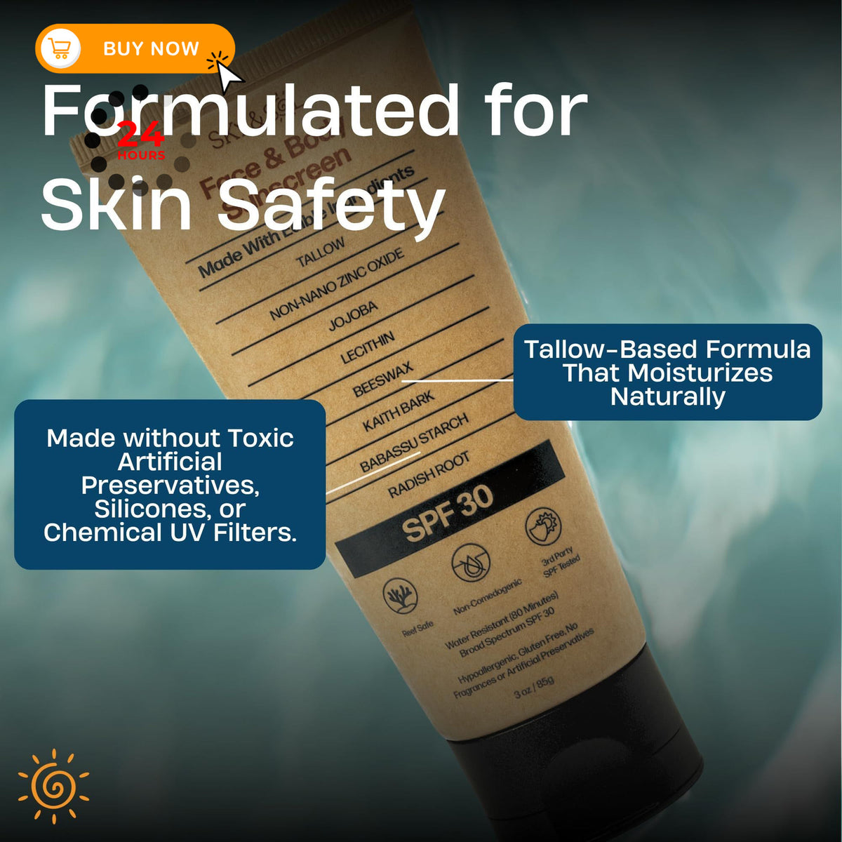 Mineral Sunscreen SPF 30 - Non-Greasy, Reef-Safe, Water-Resistant, 3 fl oz