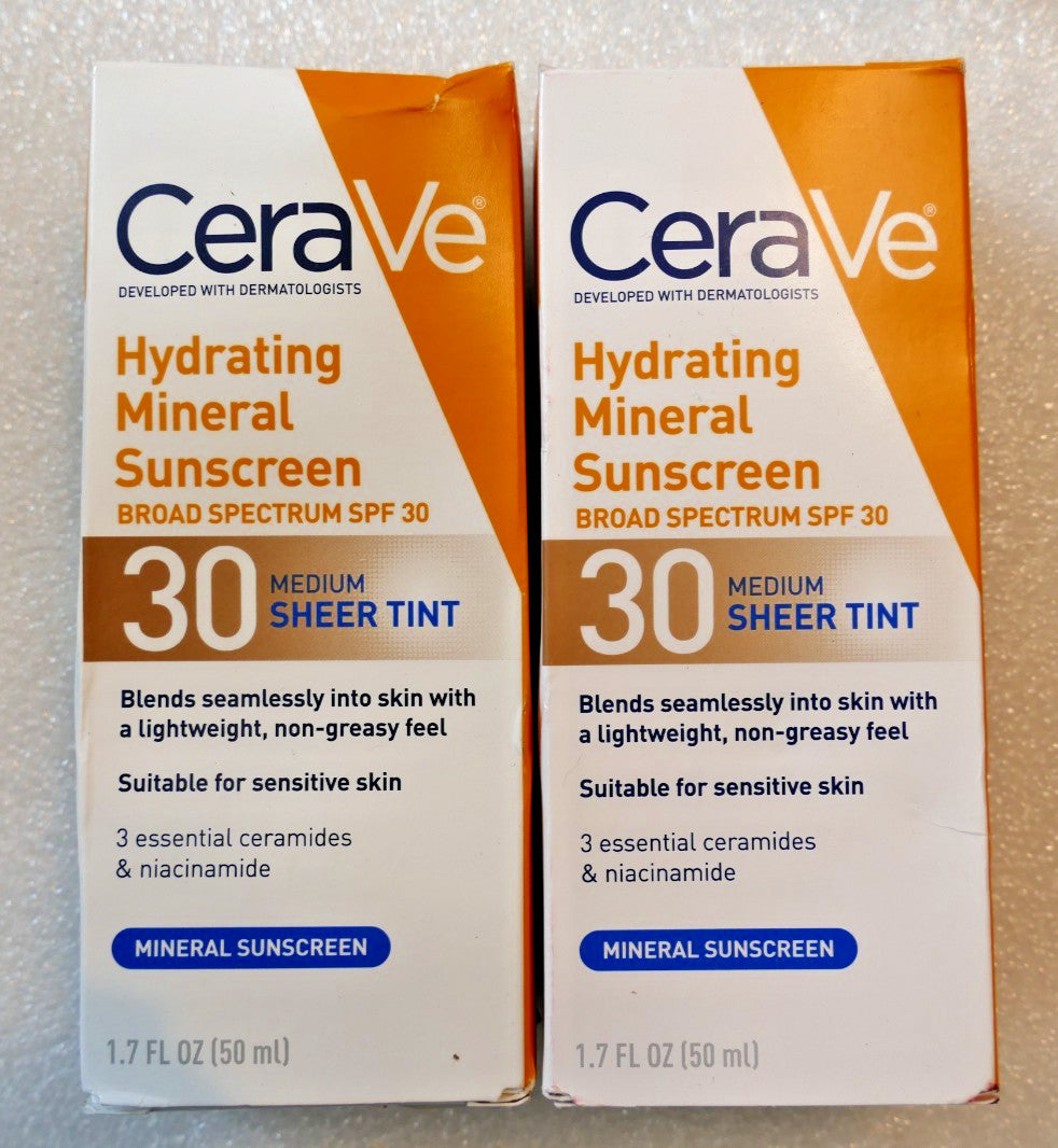 CeraVe Hydrating Mineral Sunscreen SPF 30 Medium Sheer Tint 2 Pack