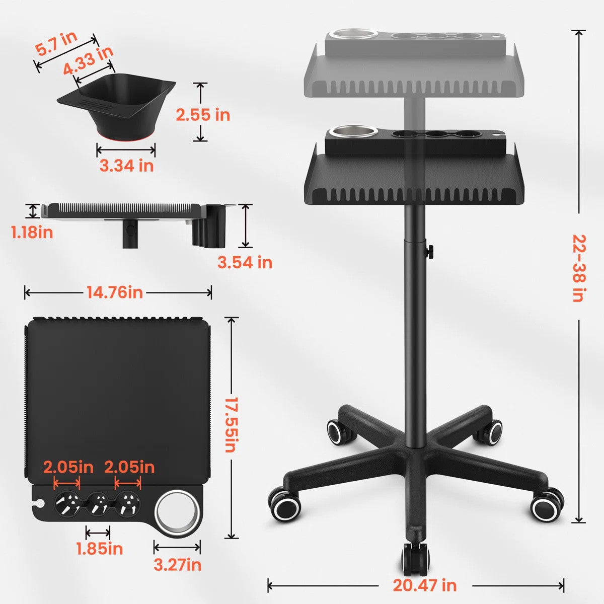 Salon Metal Hairstylist Tray with 360° Rotation for Barber Chairs
