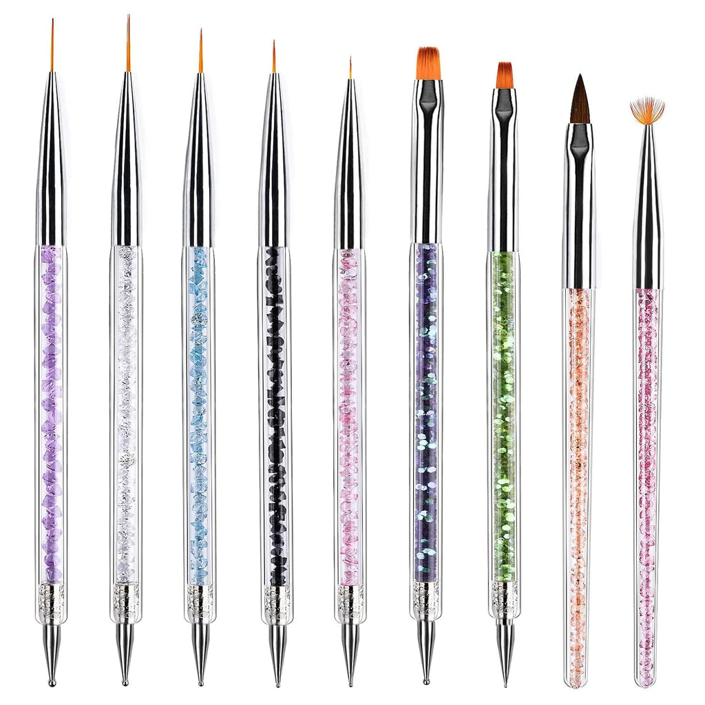 Nail Art Brush Set with 9 Double-Ended Acrylic & Nylon Brushes for Manicure Decorating