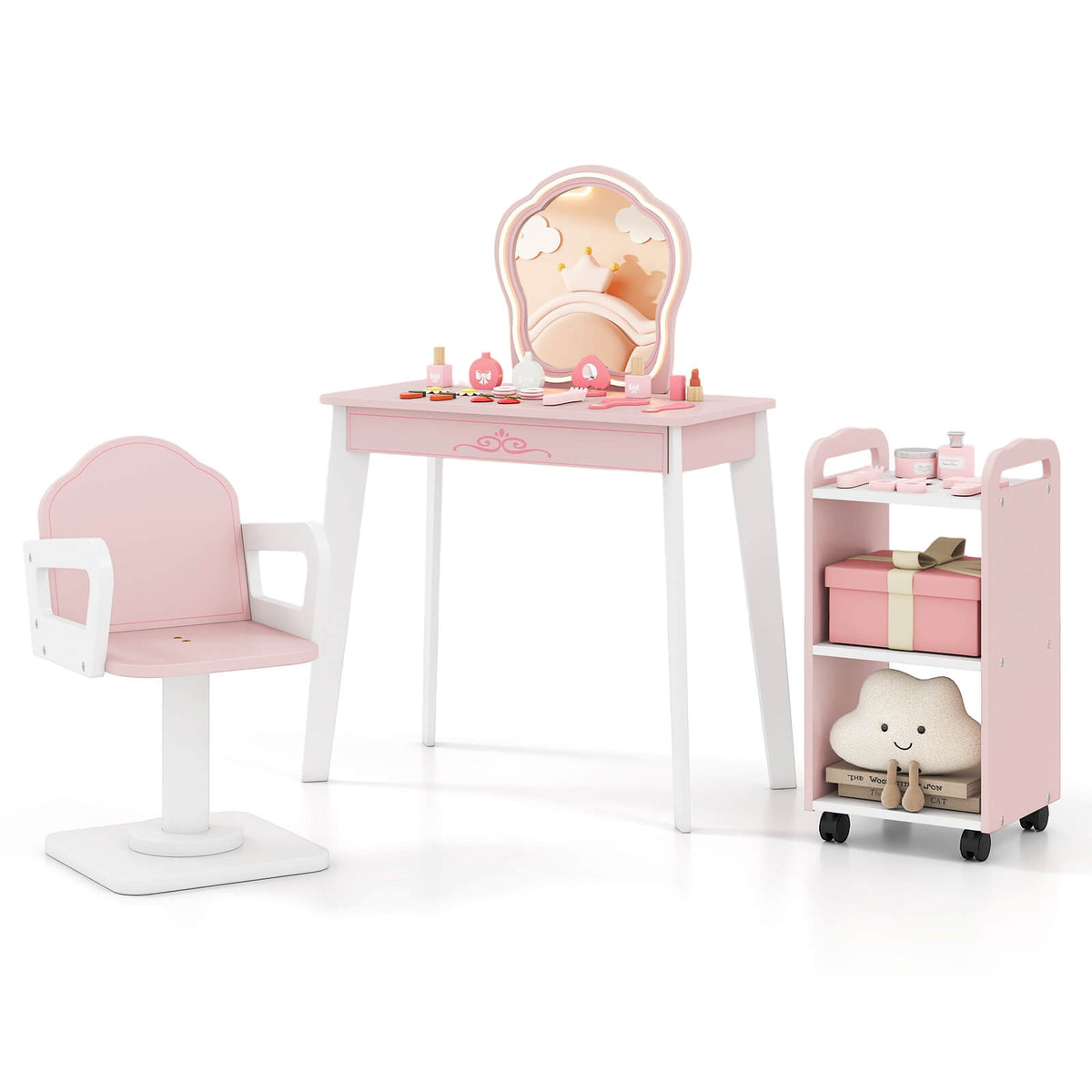 Kids Hair Salon Play Set with LED Lighted Mirror, Swivel Barber Chair & Rolling Trolley