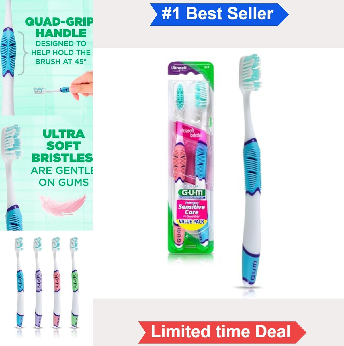 Sensitive Toothbrush with Ultra-Soft Bristles & Ergonomic Handle - 2 Pack
