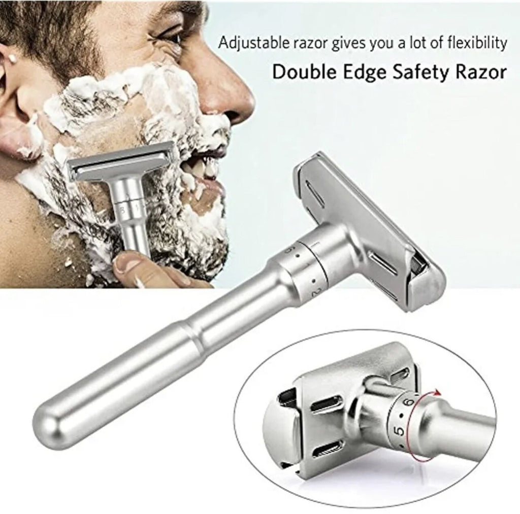 Adjustable Double Edge Safety Razor with Stand & 5 Blades - Classic Style