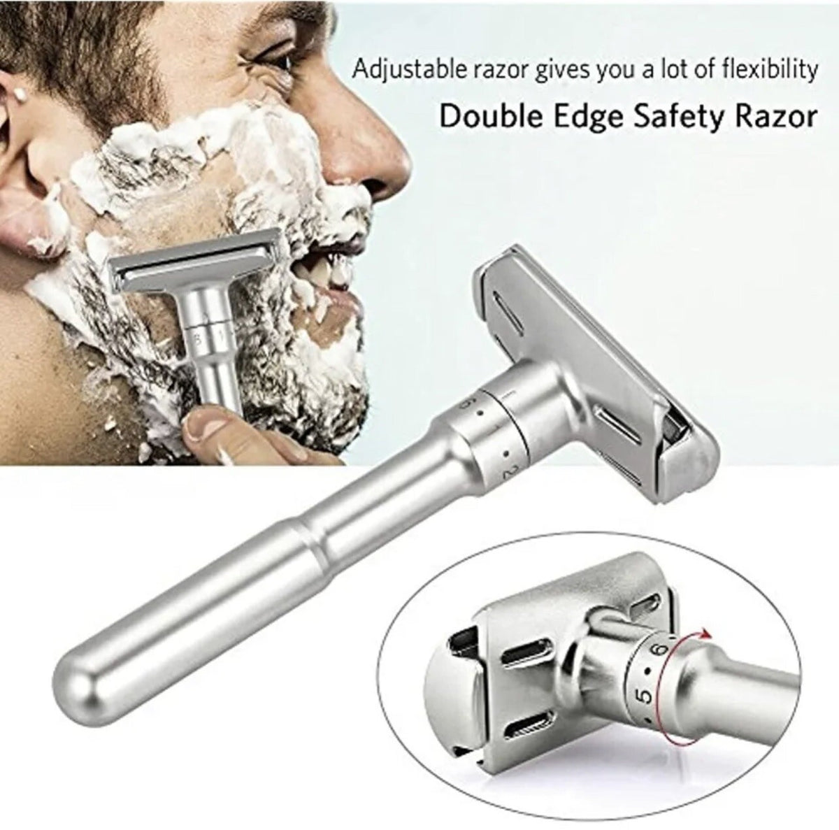 Adjustable Double Edge Safety Razor with Stand & 5 Blades - Classic Style