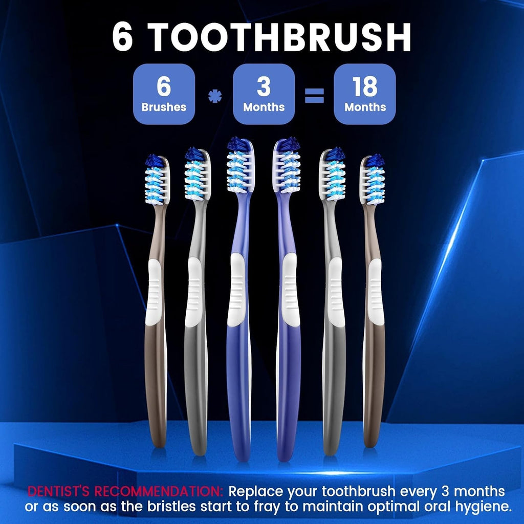 Soft Ergonomic Toothbrushes Pack of 6 for Sensitive Gums & Teeth