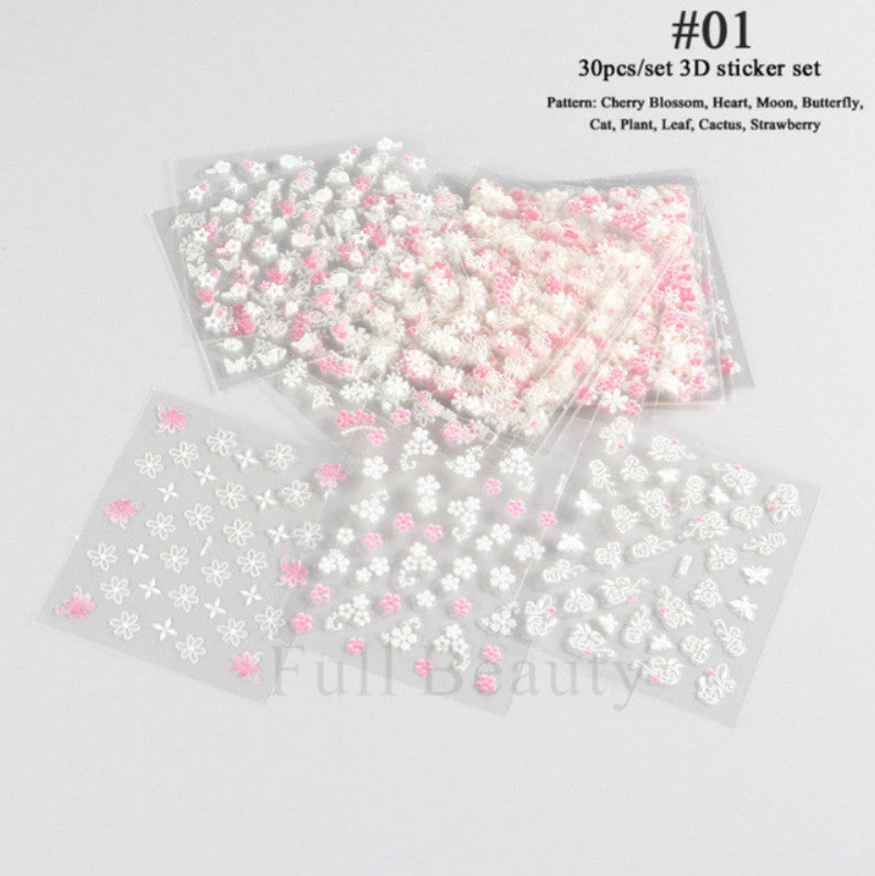30 Sheets 3D Flower Nail Art Stickers for Manicure Decor - Assorted Styles
