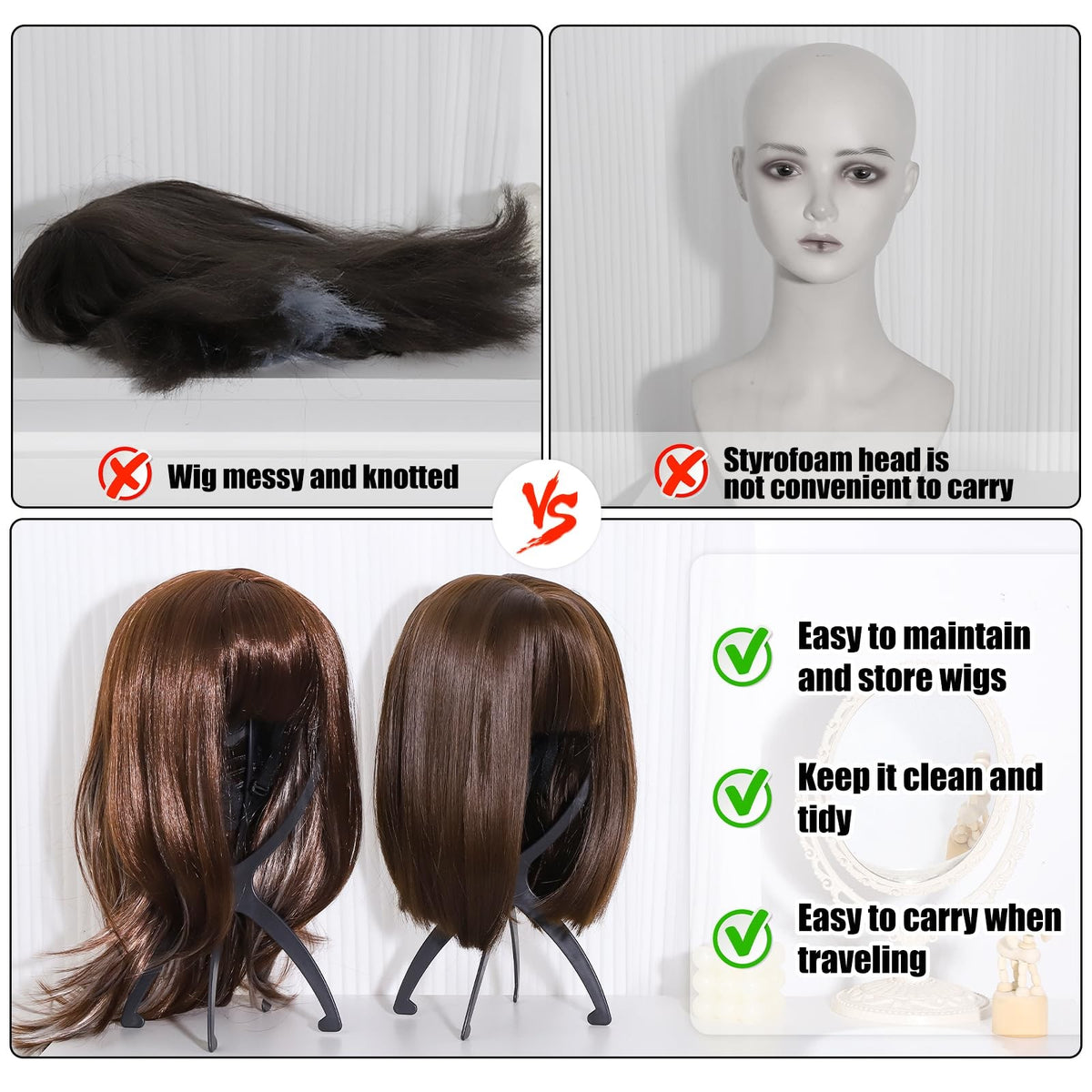 Portable Folding Wig Stand Pack of 2 - Black, Adjustable & Lightweight