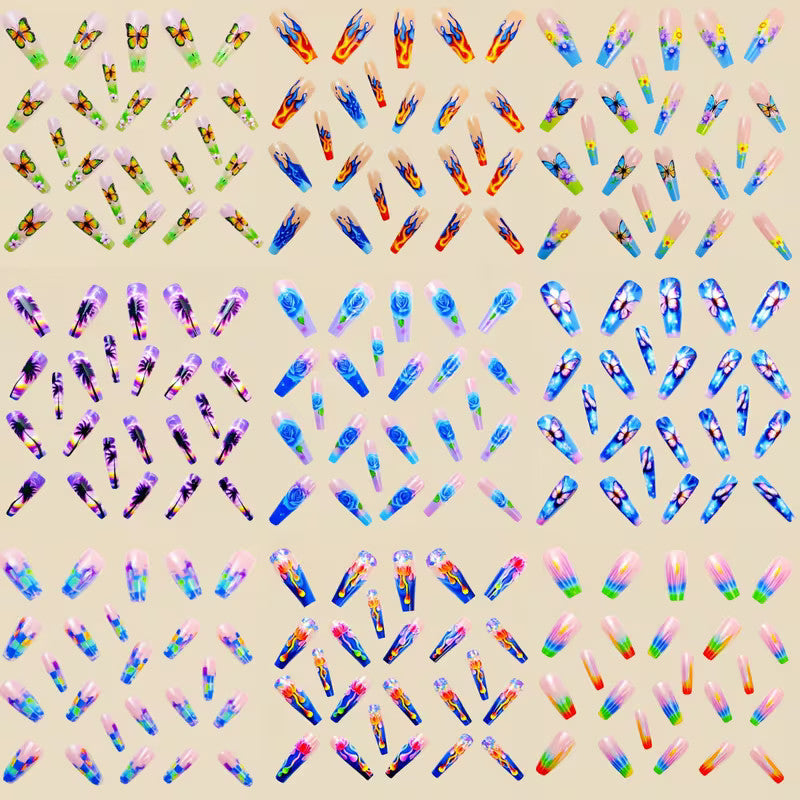 216Pcs Press-On Nails Kit with 9 Designs Long Fake Nails and Glue Tabs