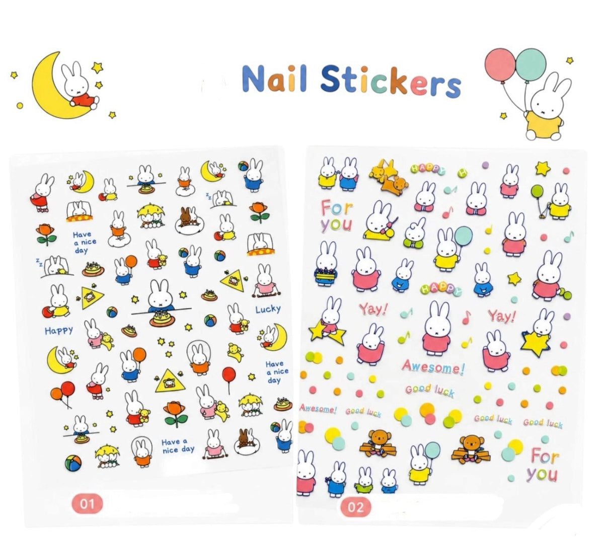 (Set of 2) Miffy Cartoon 3D Nail Stickers for Nail Art DIY Cute Decals - Peanuts Design