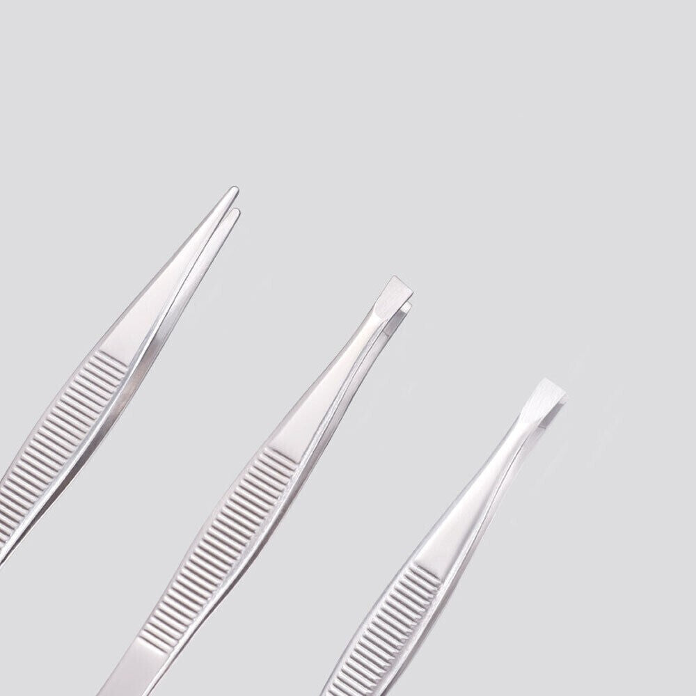 3-Piece Stainless Steel Eyebrow Tweezer Set - Precision Slant, Flat & Pointed Tips