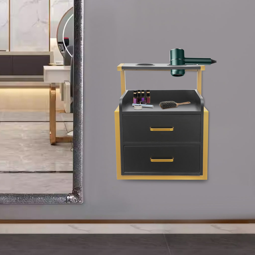 Wall-Mounted Salon Storage Cabinet with 2 Drawers & Hair Dryer Holder