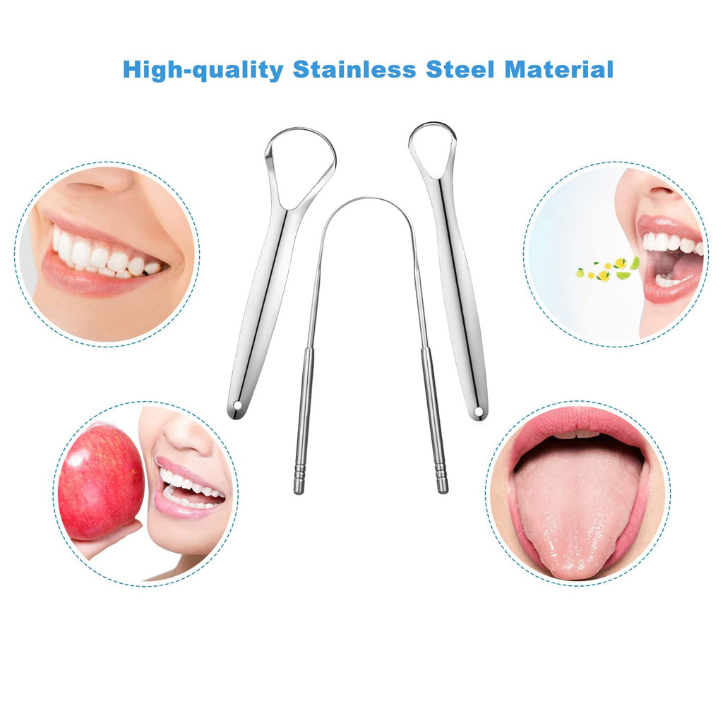 3 Pack Stainless Steel Tongue Scrapers for Adults & Kids - Oral Care Tool